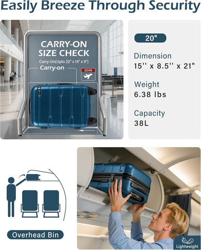 Carry On Luggage 22x14x9 Airline Approved Hardside PC+ABS Suitcase with TSA Lock, Lightweight Rolling Travel Luggage with Spinner Wheels(Caribbean Blue, 20in)
