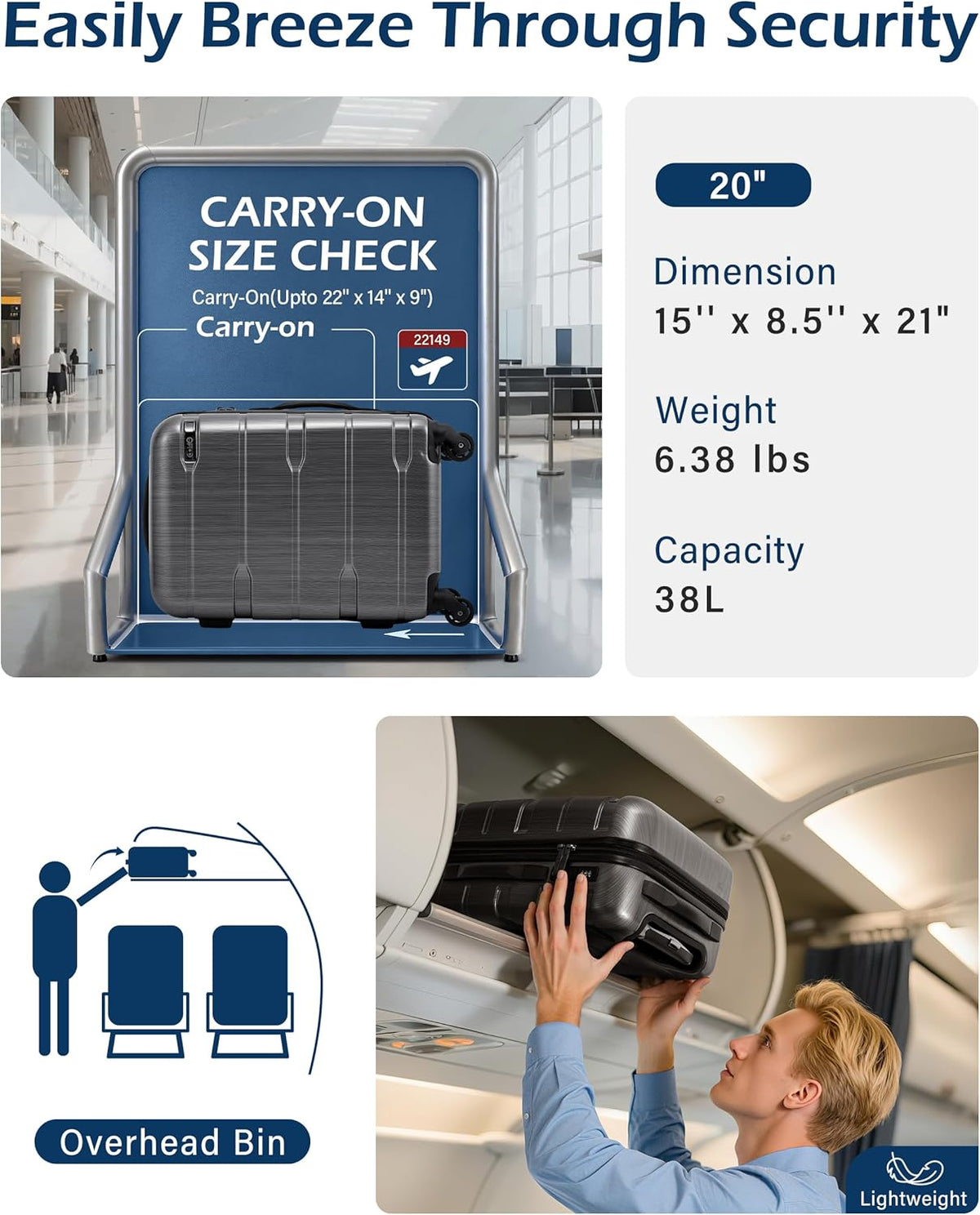 Carry On Luggage 22x14x9 Airline Approved Hardside PC+ABS Suitcase with TSA Lock, Lightweight Rolling Travel Luggage with Spinner Wheels(Caribbean Blue, 20in)
