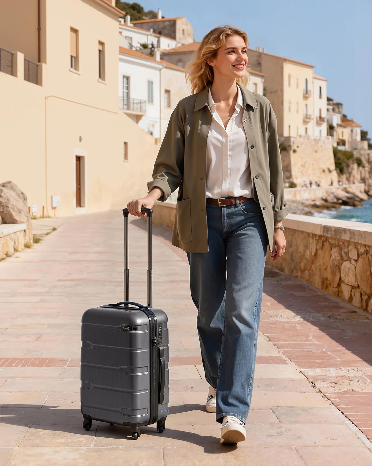 Carry On Luggage 22x14x9 Airline Approved Hardside PC+ABS Suitcase with TSA Lock, Lightweight Rolling Travel Luggage with Spinner Wheels(Caribbean Blue, 20in)