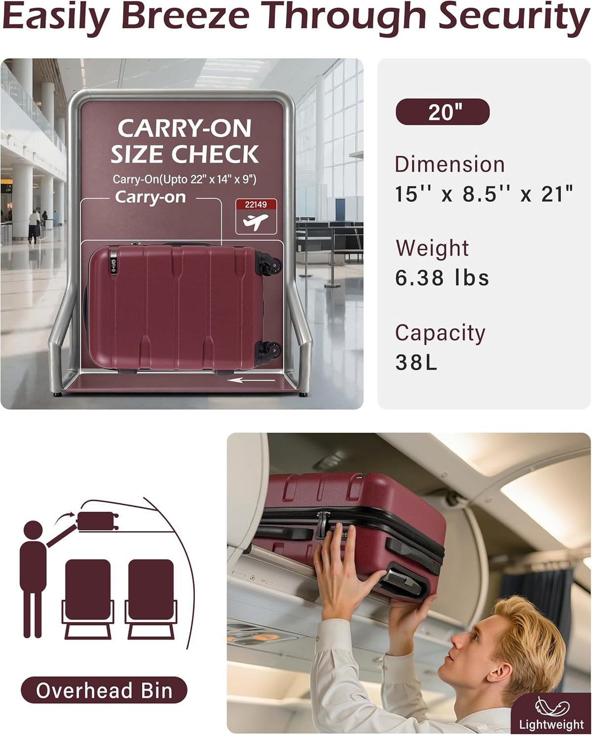 Carry On Luggage 22x14x9 Airline Approved Hardside PC+ABS Suitcase with TSA Lock, Lightweight Rolling Travel Luggage with Spinner Wheels(Caribbean Blue, 20in)