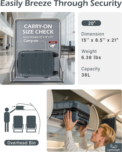 Carry On Luggage 22x14x9 Airline Approved Hardside PC+ABS Suitcase with TSA Lock, Lightweight Rolling Travel Luggage with Spinner Wheels(Caribbean Blue, 20in)