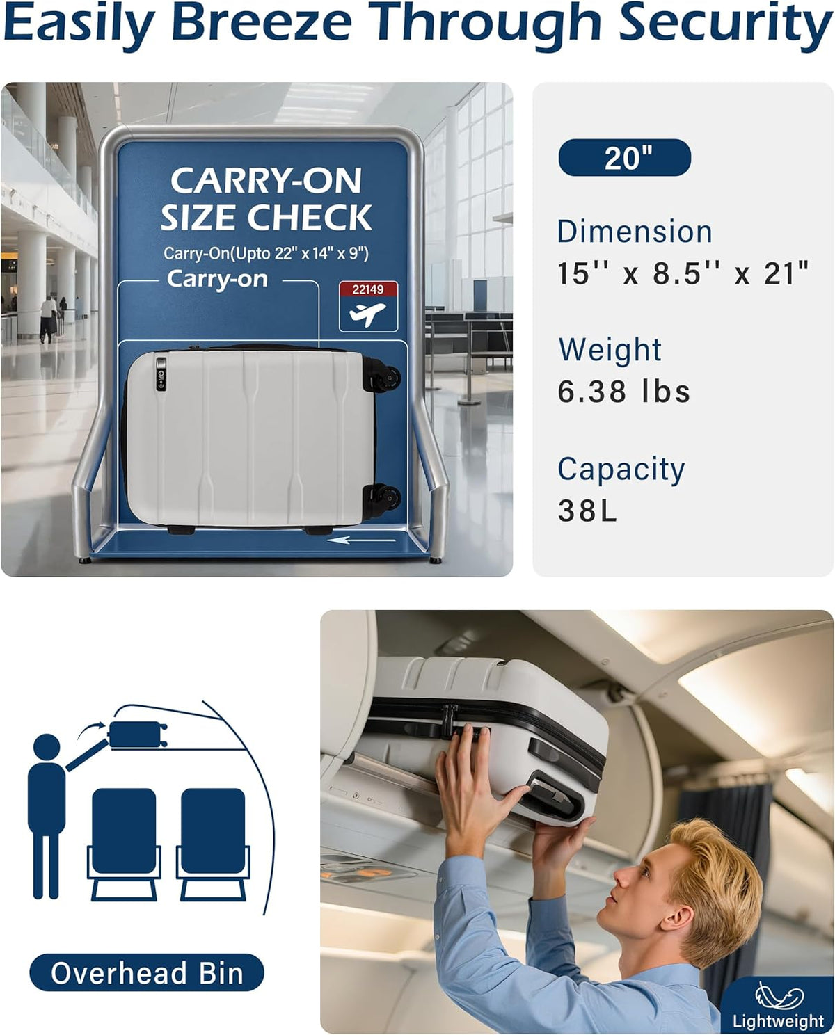 Carry On Luggage 22x14x9 Airline Approved Hardside PC+ABS Suitcase with TSA Lock, Lightweight Rolling Travel Luggage with Spinner Wheels(Caribbean Blue, 20in)