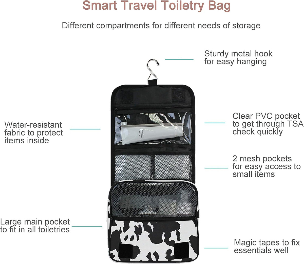 Hanging Travel Toiletry Bag Kit Makeup Case Cosmetics Organizer for Men Women (cow pattern)