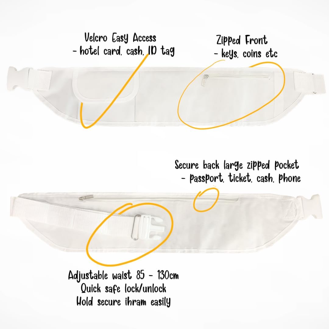Free-Size Adjustable Ihram Belt with Phone Holder Anti Theft Travel Money Belt Waist Belt for Hajj Umrah Or Sports Belt White for Men and Women