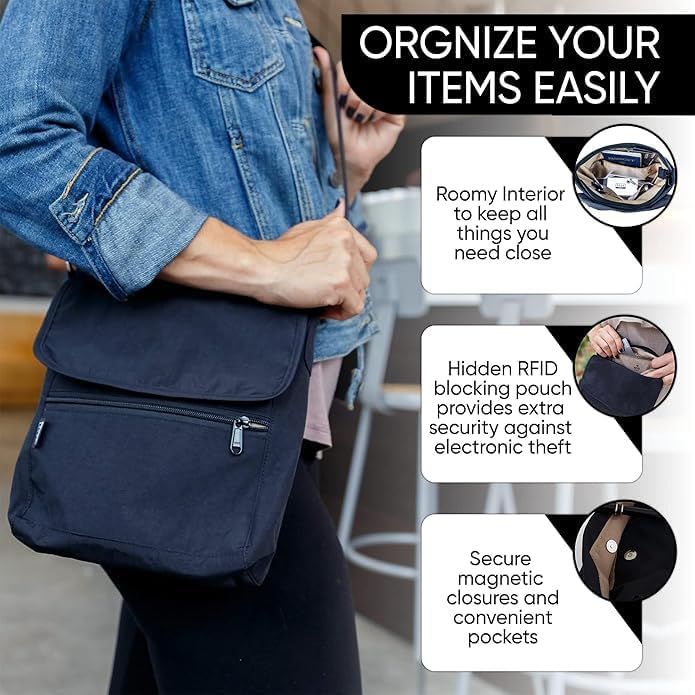Crossbody Travel Purse with RFID Blocking Pocket and Lifetime Recovery Service. Nylon Shoulder Bag