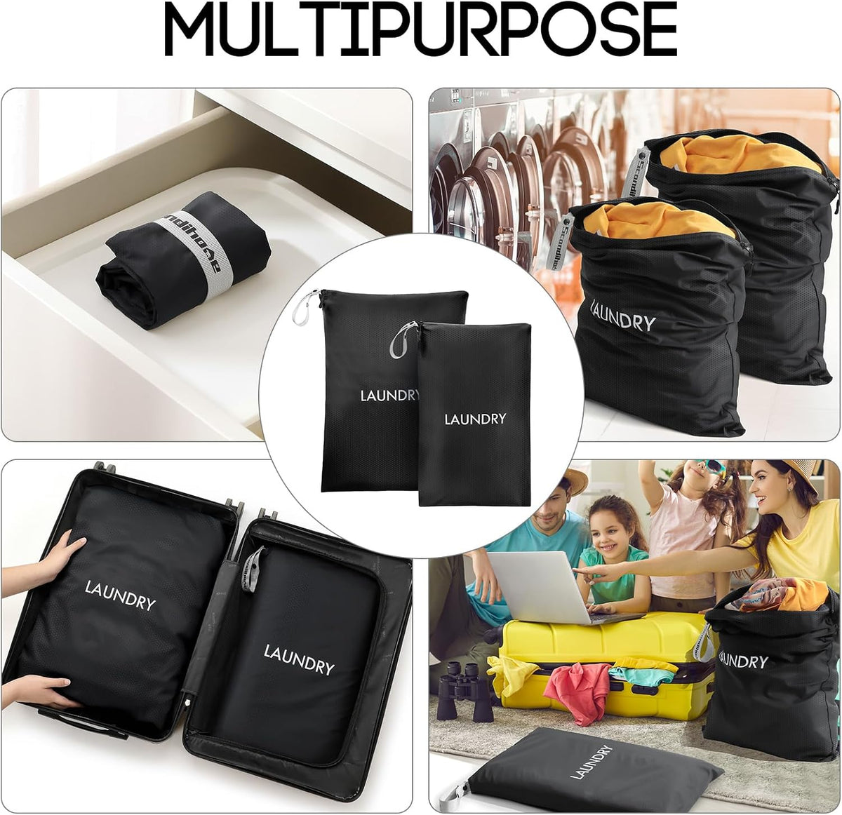 Travel Laundry Bag (Large + Medium) - Foldable Waterproof Washable Wet Dry Bag for Gym, Swimming, Yoga, and Workout Perfect for Dirty Clothes, Bathing Suits, Travel Accessories Black