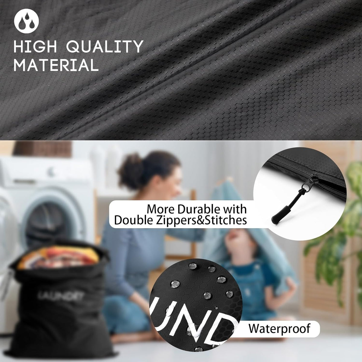 Travel Laundry Bag (Large + Medium) - Foldable Waterproof Washable Wet Dry Bag for Gym, Swimming, Yoga, and Workout Perfect for Dirty Clothes, Bathing Suits, Travel Accessories Black