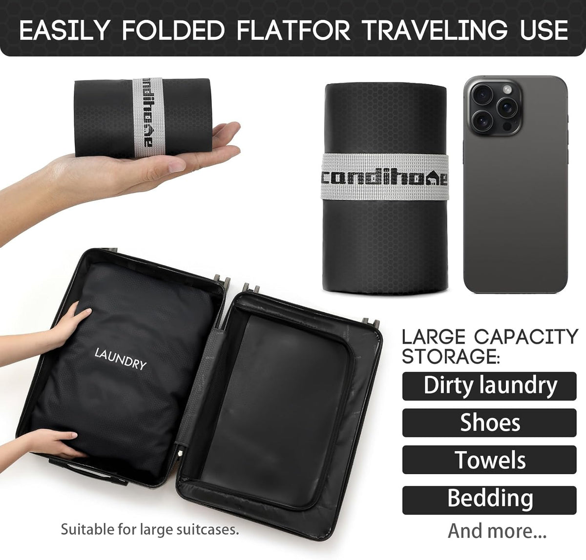 Travel Laundry Bag (Large + Medium) - Foldable Waterproof Washable Wet Dry Bag for Gym, Swimming, Yoga, and Workout Perfect for Dirty Clothes, Bathing Suits, Travel Accessories Black
