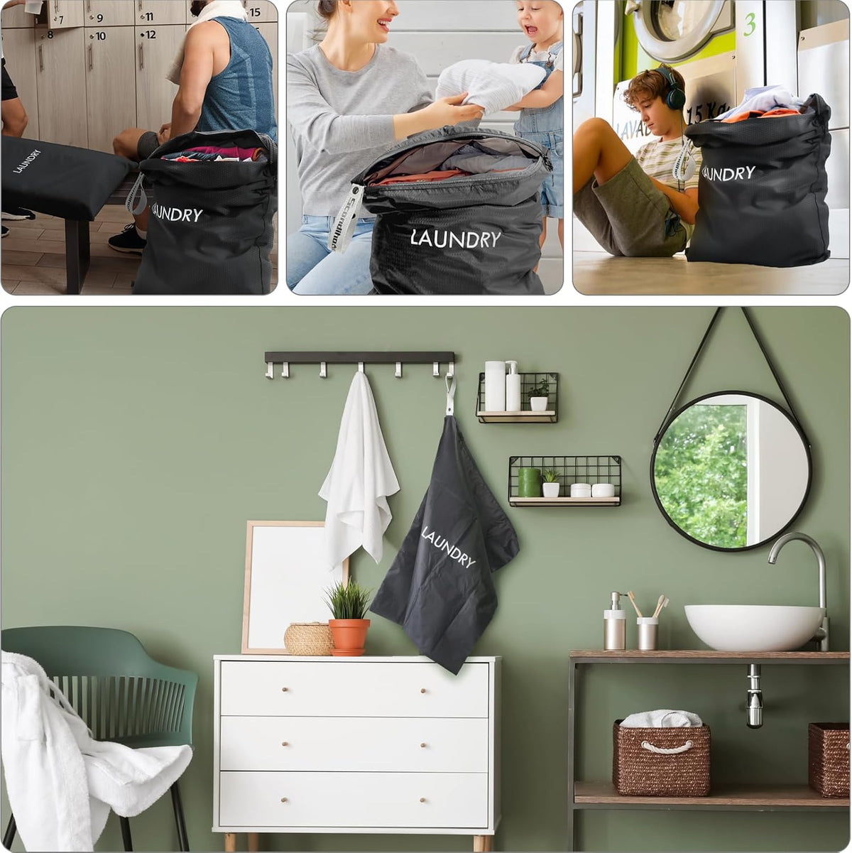 Travel Laundry Bag (Large + Medium) - Foldable Waterproof Washable Wet Dry Bag for Gym, Swimming, Yoga, and Workout Perfect for Dirty Clothes, Bathing Suits, Travel Accessories Black