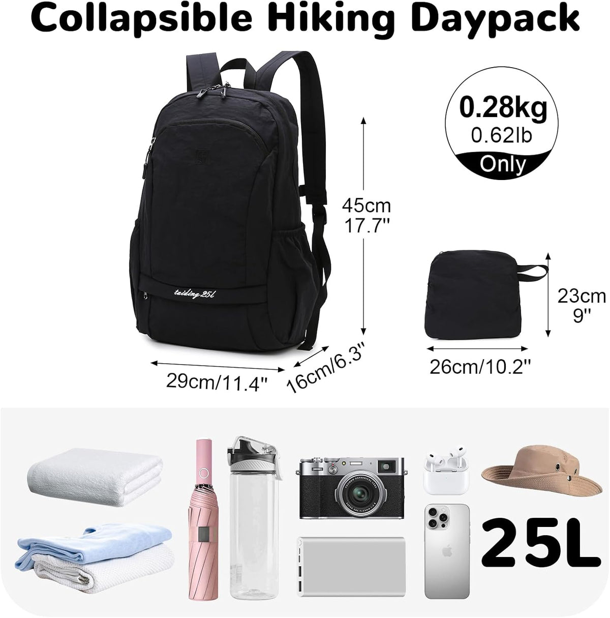 Waterproof Foldable Backpack, 25L Lightweight Hiking Daypack, Pink | with Wet Pocket & Chest Strap, Collapsible, Packable, Anti Theft, for Women, for Outdoor Travel Sports Gym Theme Park