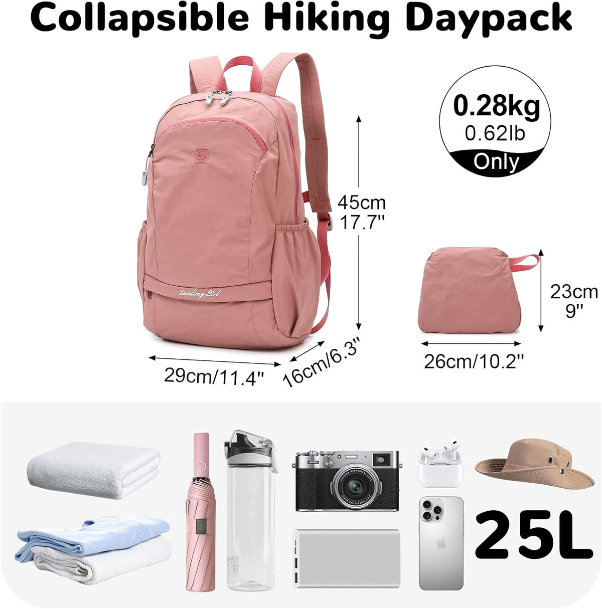 Waterproof Foldable Backpack, 25L Lightweight Hiking Daypack, Pink | with Wet Pocket & Chest Strap, Collapsible, Packable, Anti Theft, for Women, for Outdoor Travel Sports Gym Theme Park