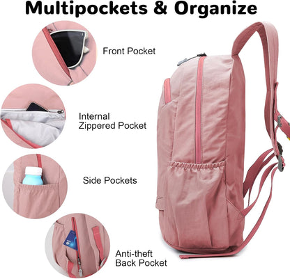 Waterproof Foldable Backpack, 25L Lightweight Hiking Daypack, Pink | with Wet Pocket & Chest Strap, Collapsible, Packable, Anti Theft, for Women, for Outdoor Travel Sports Gym Theme Park