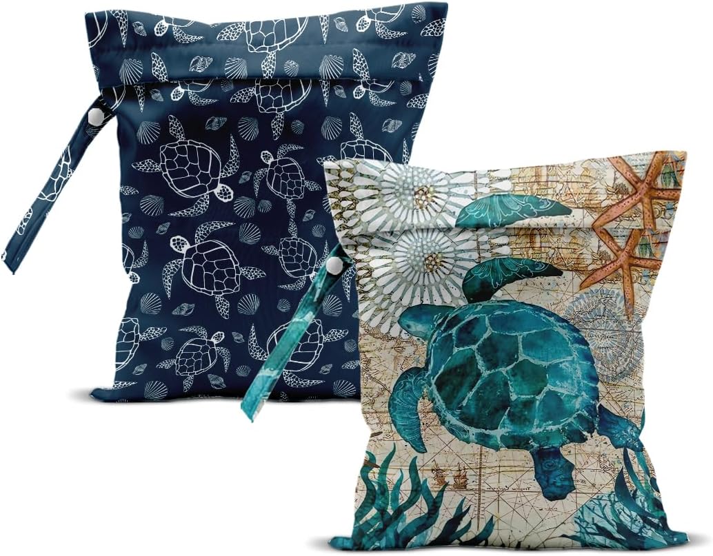 2Pcs Turtle Wet Bag 12x10 Inch, Starfish Waterproof Reusable Wet Dry Bags, Sea Weed Washable Travel Laundry Bags for Swimsuit Beach Diapers Dirty Yoga Gym Clothes, Sea Turtle Gifts for Women Friend