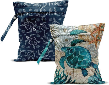2Pcs Turtle Wet Bag 12x10 Inch, Starfish Waterproof Reusable Wet Dry Bags, Sea Weed Washable Travel Laundry Bags for Swimsuit Beach Diapers Dirty Yoga Gym Clothes, Sea Turtle Gifts for Women Friend