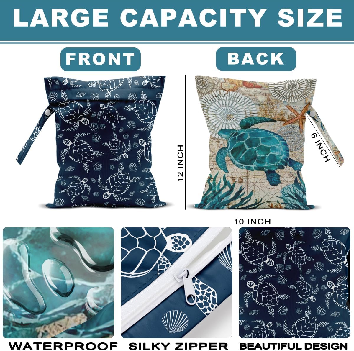 2Pcs Turtle Wet Bag 12x10 Inch, Starfish Waterproof Reusable Wet Dry Bags, Sea Weed Washable Travel Laundry Bags for Swimsuit Beach Diapers Dirty Yoga Gym Clothes, Sea Turtle Gifts for Women Friend