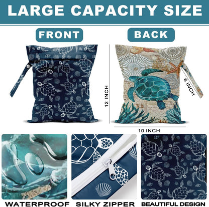 2Pcs Turtle Wet Bag 12x10 Inch, Starfish Waterproof Reusable Wet Dry Bags, Sea Weed Washable Travel Laundry Bags for Swimsuit Beach Diapers Dirty Yoga Gym Clothes, Sea Turtle Gifts for Women Friend