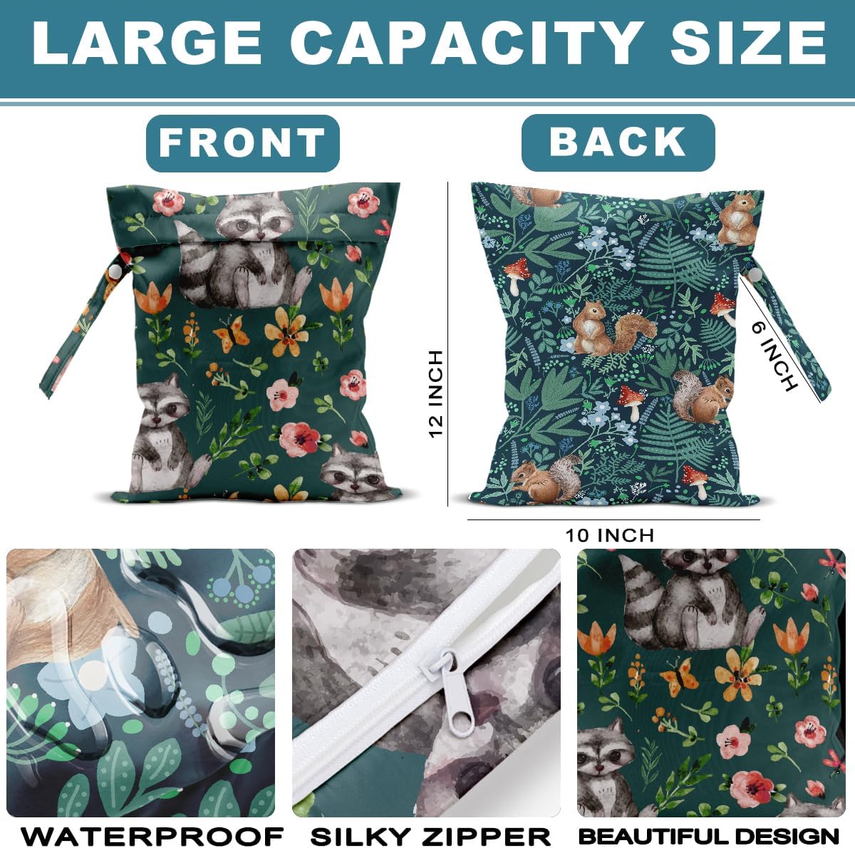 2Pcs Turtle Wet Bag 12x10 Inch, Starfish Waterproof Reusable Wet Dry Bags, Sea Weed Washable Travel Laundry Bags for Swimsuit Beach Diapers Dirty Yoga Gym Clothes, Sea Turtle Gifts for Women Friend