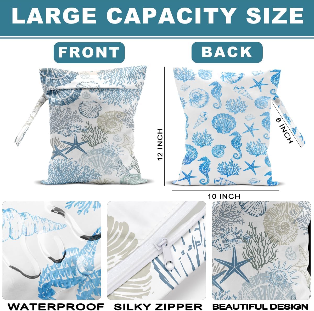 2Pcs Turtle Wet Bag 12x10 Inch, Starfish Waterproof Reusable Wet Dry Bags, Sea Weed Washable Travel Laundry Bags for Swimsuit Beach Diapers Dirty Yoga Gym Clothes, Sea Turtle Gifts for Women Friend