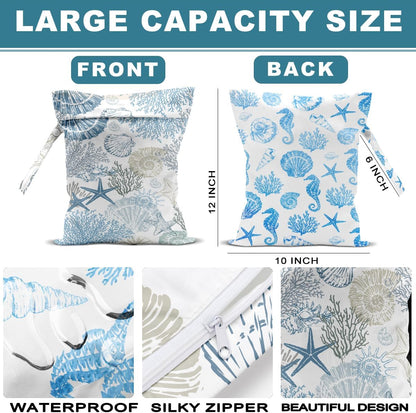 2Pcs Turtle Wet Bag 12x10 Inch, Starfish Waterproof Reusable Wet Dry Bags, Sea Weed Washable Travel Laundry Bags for Swimsuit Beach Diapers Dirty Yoga Gym Clothes, Sea Turtle Gifts for Women Friend