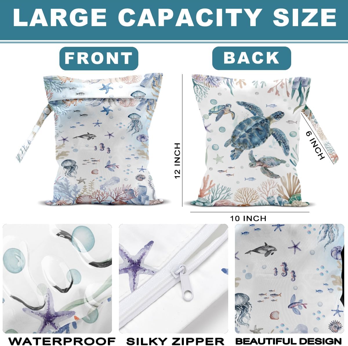 2Pcs Turtle Wet Bag 12x10 Inch, Starfish Waterproof Reusable Wet Dry Bags, Sea Weed Washable Travel Laundry Bags for Swimsuit Beach Diapers Dirty Yoga Gym Clothes, Sea Turtle Gifts for Women Friend