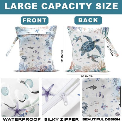 2Pcs Turtle Wet Bag 12x10 Inch, Starfish Waterproof Reusable Wet Dry Bags, Sea Weed Washable Travel Laundry Bags for Swimsuit Beach Diapers Dirty Yoga Gym Clothes, Sea Turtle Gifts for Women Friend