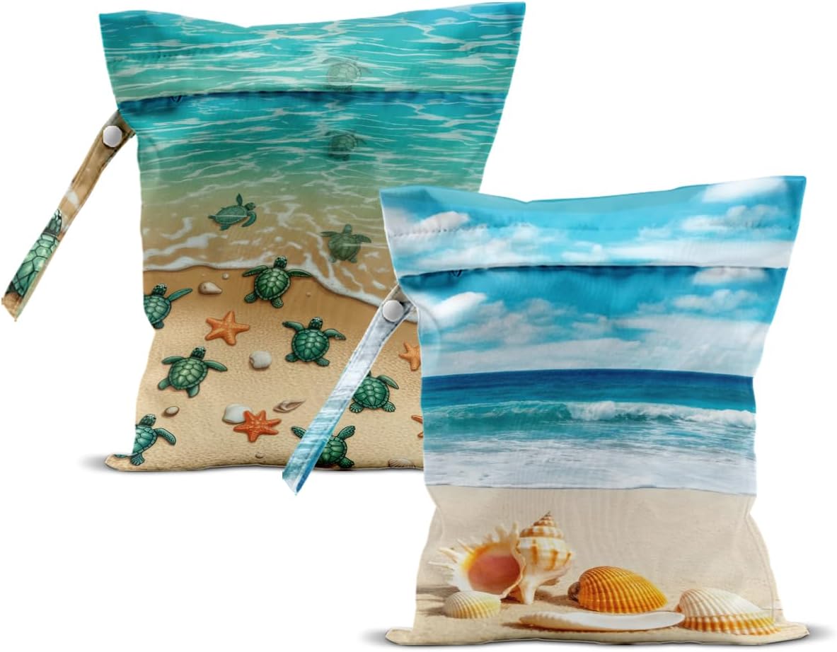 2Pcs Turtle Wet Bag 12x10 Inch, Starfish Waterproof Reusable Wet Dry Bags, Sea Weed Washable Travel Laundry Bags for Swimsuit Beach Diapers Dirty Yoga Gym Clothes, Sea Turtle Gifts for Women Friend