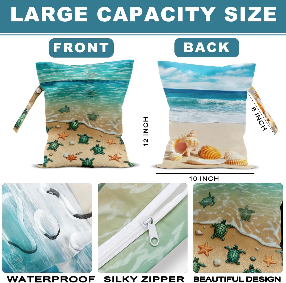 2Pcs Turtle Wet Bag 12x10 Inch, Starfish Waterproof Reusable Wet Dry Bags, Sea Weed Washable Travel Laundry Bags for Swimsuit Beach Diapers Dirty Yoga Gym Clothes, Sea Turtle Gifts for Women Friend