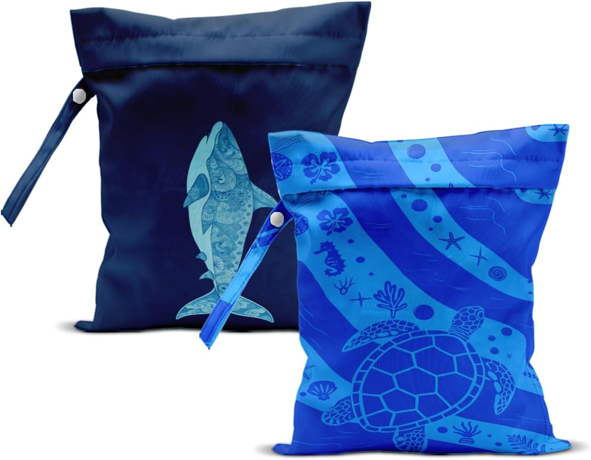 2Pcs Turtle Wet Bag 12x10 Inch, Starfish Waterproof Reusable Wet Dry Bags, Sea Weed Washable Travel Laundry Bags for Swimsuit Beach Diapers Dirty Yoga Gym Clothes, Sea Turtle Gifts for Women Friend