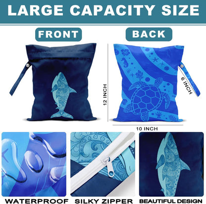 2Pcs Turtle Wet Bag 12x10 Inch, Starfish Waterproof Reusable Wet Dry Bags, Sea Weed Washable Travel Laundry Bags for Swimsuit Beach Diapers Dirty Yoga Gym Clothes, Sea Turtle Gifts for Women Friend