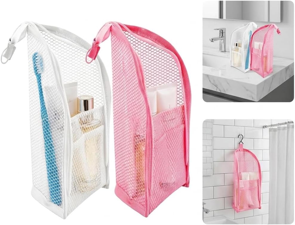 2 Pcs Standing Toiletry Bag, White and Pink, EVA Mesh Portable Lightweight Travel Toiletry Bag with Waterproof Design, Foldable Hanging Travel Toiletry Bag for Cosmetics and Toiletries