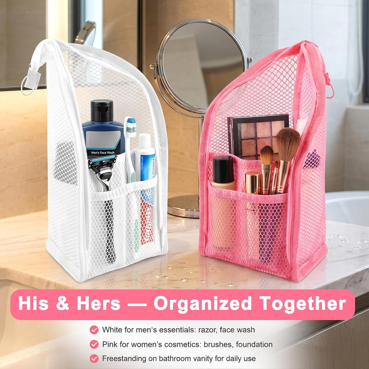 2 Pcs Standing Toiletry Bag, White and Pink, EVA Mesh Portable Lightweight Travel Toiletry Bag with Waterproof Design, Foldable Hanging Travel Toiletry Bag for Cosmetics and Toiletries
