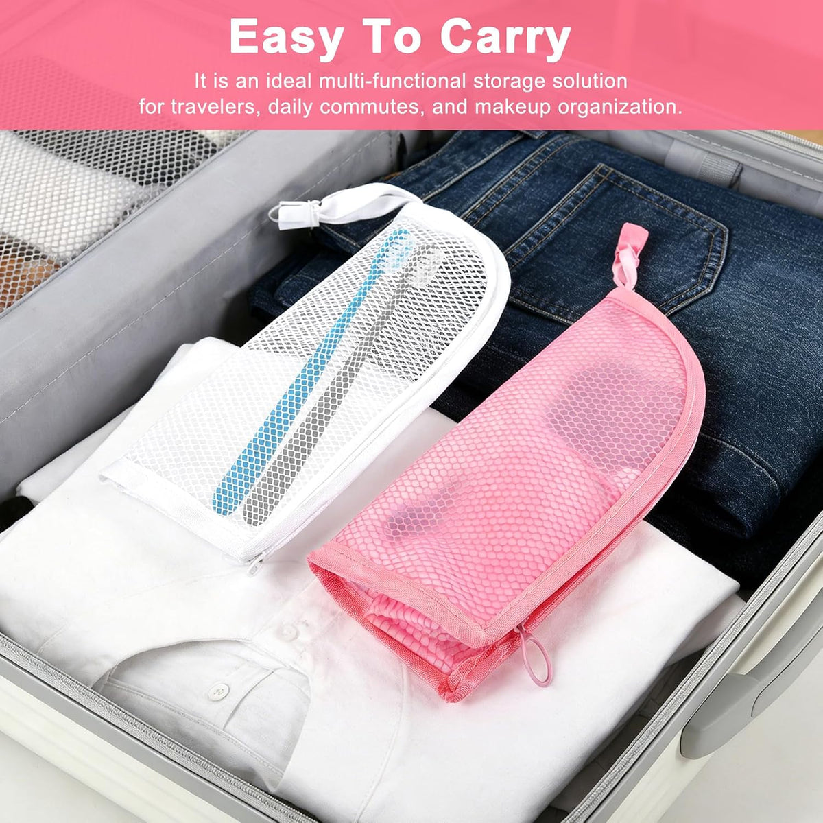2 Pcs Standing Toiletry Bag, White and Pink, EVA Mesh Portable Lightweight Travel Toiletry Bag with Waterproof Design, Foldable Hanging Travel Toiletry Bag for Cosmetics and Toiletries