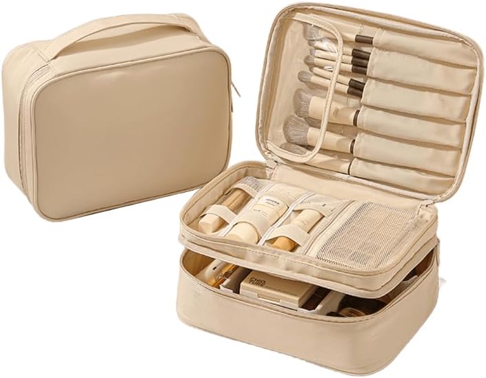 Travel Makeup Bag Organizer for Women, Double Layer Cosmetic Case with Adjustable Dividers, Brush Storage, Water Resistant Toiletry Bag with Handle (Beige)