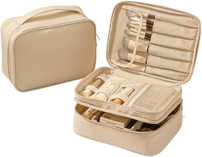 Travel Makeup Bag Organizer for Women, Double Layer Cosmetic Case with Adjustable Dividers, Brush Storage, Water Resistant Toiletry Bag with Handle (Beige)