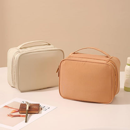Travel Makeup Bag Organizer for Women, Double Layer Cosmetic Case with Adjustable Dividers, Brush Storage, Water Resistant Toiletry Bag with Handle (Beige)