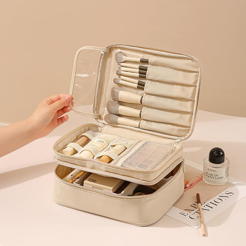 Travel Makeup Bag Organizer for Women, Double Layer Cosmetic Case with Adjustable Dividers, Brush Storage, Water Resistant Toiletry Bag with Handle (Beige)