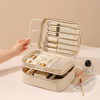 Travel Makeup Bag Organizer for Women, Double Layer Cosmetic Case with Adjustable Dividers, Brush Storage, Water Resistant Toiletry Bag with Handle (Beige)