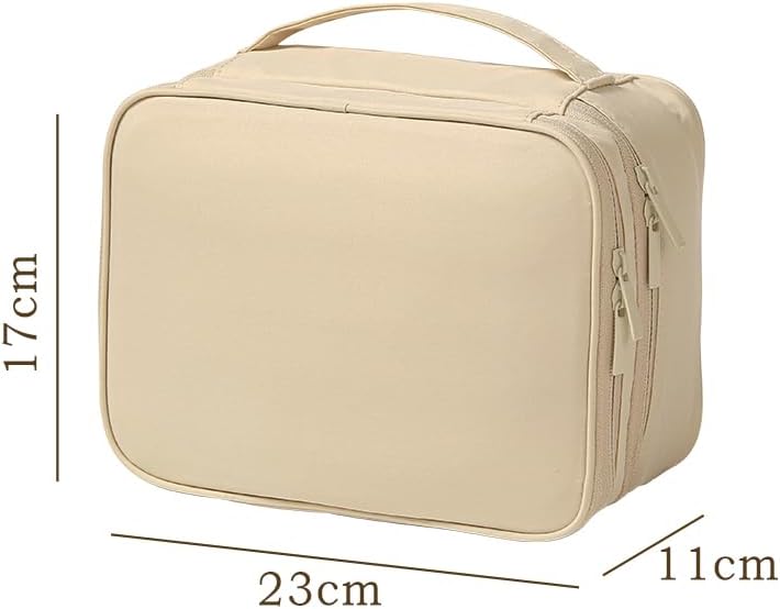 Travel Makeup Bag Organizer for Women, Double Layer Cosmetic Case with Adjustable Dividers, Brush Storage, Water Resistant Toiletry Bag with Handle (Beige)