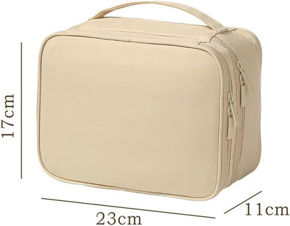 Travel Makeup Bag Organizer for Women, Double Layer Cosmetic Case with Adjustable Dividers, Brush Storage, Water Resistant Toiletry Bag with Handle (Beige)
