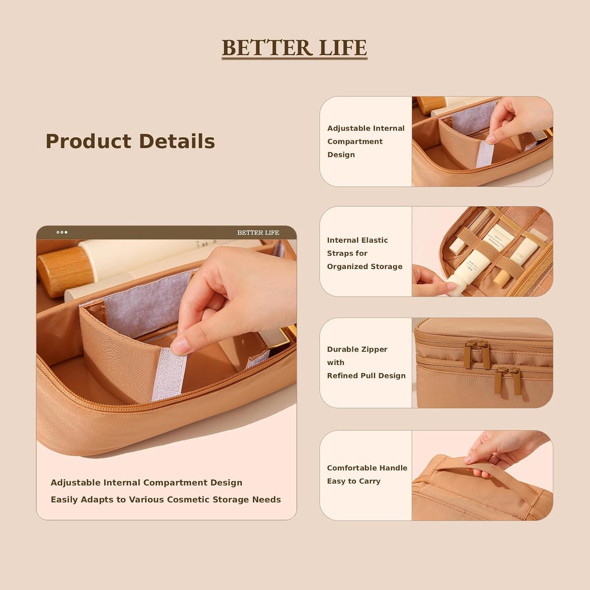Travel Makeup Bag Organizer for Women, Double Layer Cosmetic Case with Adjustable Dividers, Brush Storage, Water Resistant Toiletry Bag with Handle (Beige)
