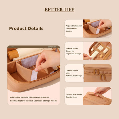 Travel Makeup Bag Organizer for Women, Double Layer Cosmetic Case with Adjustable Dividers, Brush Storage, Water Resistant Toiletry Bag with Handle (Beige)