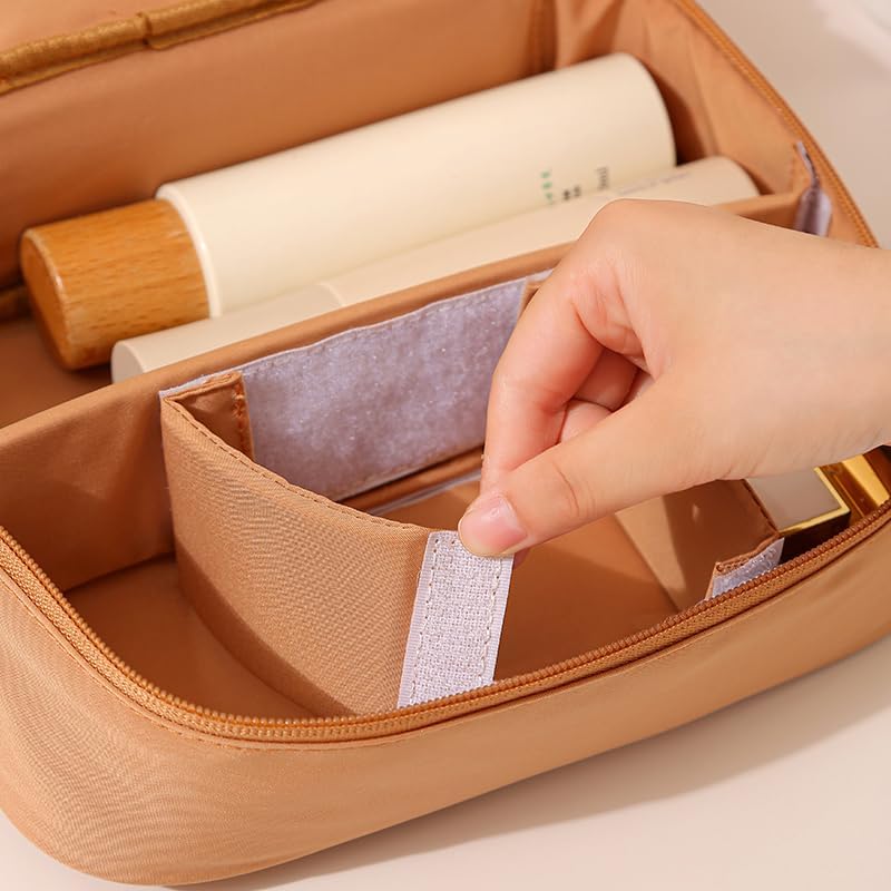 Travel Makeup Bag Organizer for Women, Double Layer Cosmetic Case with Adjustable Dividers, Brush Storage, Water Resistant Toiletry Bag with Handle (Beige)