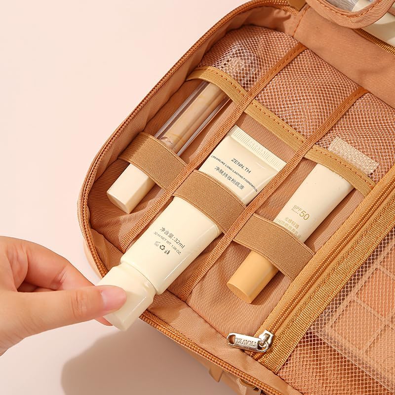 Travel Makeup Bag Organizer for Women, Double Layer Cosmetic Case with Adjustable Dividers, Brush Storage, Water Resistant Toiletry Bag with Handle (Beige)