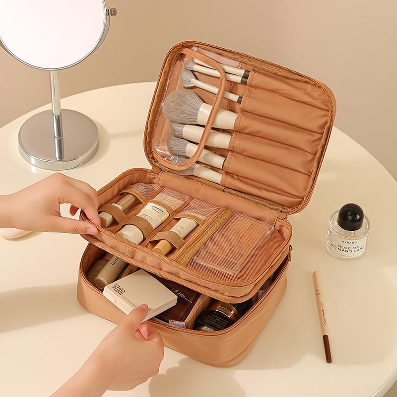 Travel Makeup Bag Organizer for Women, Double Layer Cosmetic Case with Adjustable Dividers, Brush Storage, Water Resistant Toiletry Bag with Handle (Beige)