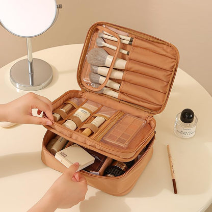 Travel Makeup Bag Organizer for Women, Double Layer Cosmetic Case with Adjustable Dividers, Brush Storage, Water Resistant Toiletry Bag with Handle (Beige)