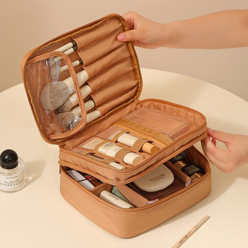 Travel Makeup Bag Organizer for Women, Double Layer Cosmetic Case with Adjustable Dividers, Brush Storage, Water Resistant Toiletry Bag with Handle (Beige)
