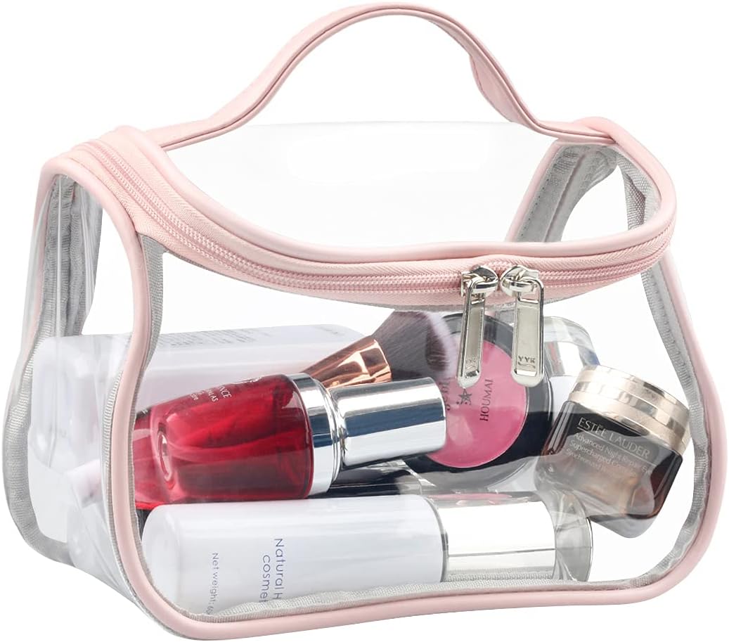 Heavy Duty Clear Cosmetic Bag Waterproof Transparent Travel Makeup Toiletry Organizer Bag (Pink)