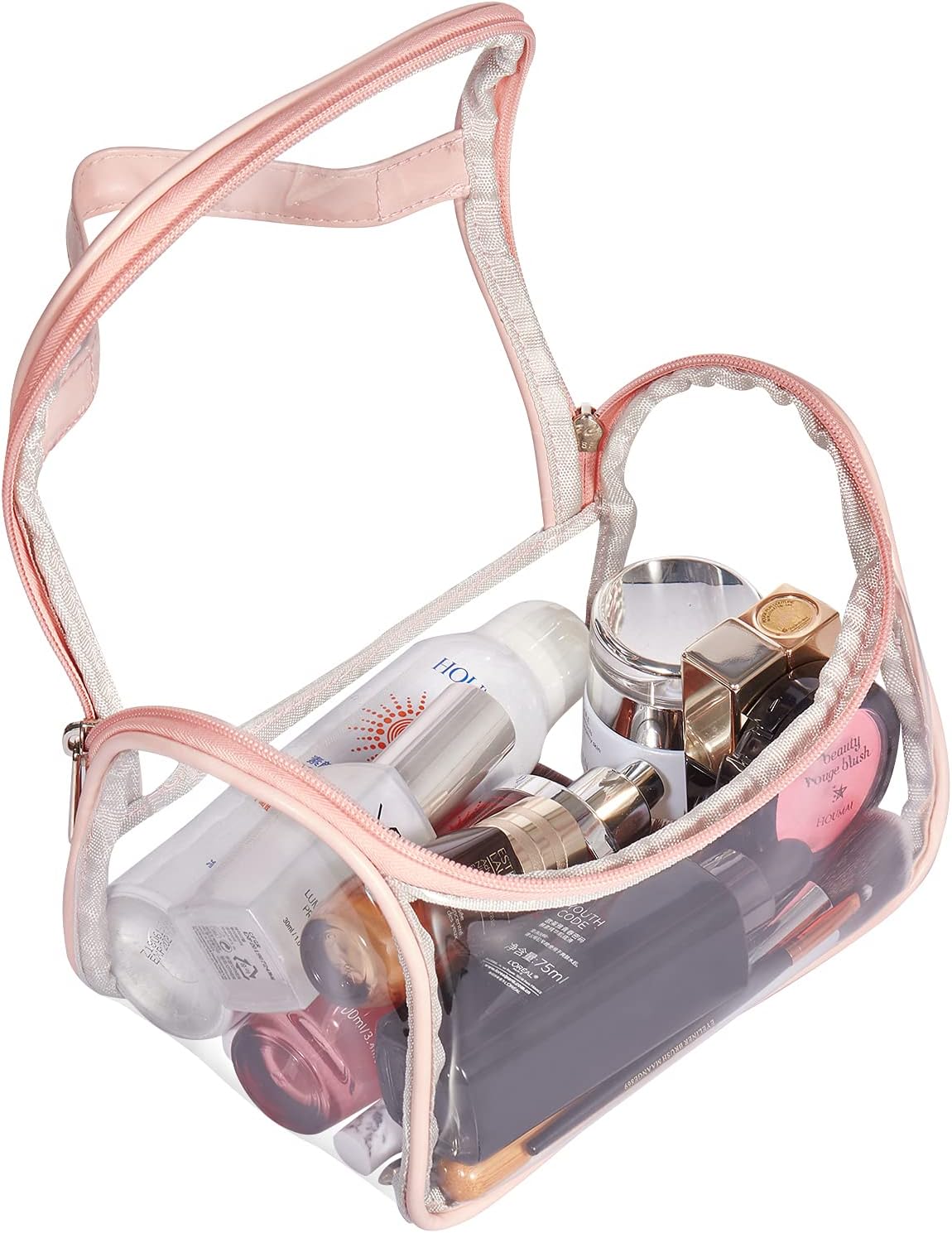 Heavy Duty Clear Cosmetic Bag Waterproof Transparent Travel Makeup Toiletry Organizer Bag (Pink)