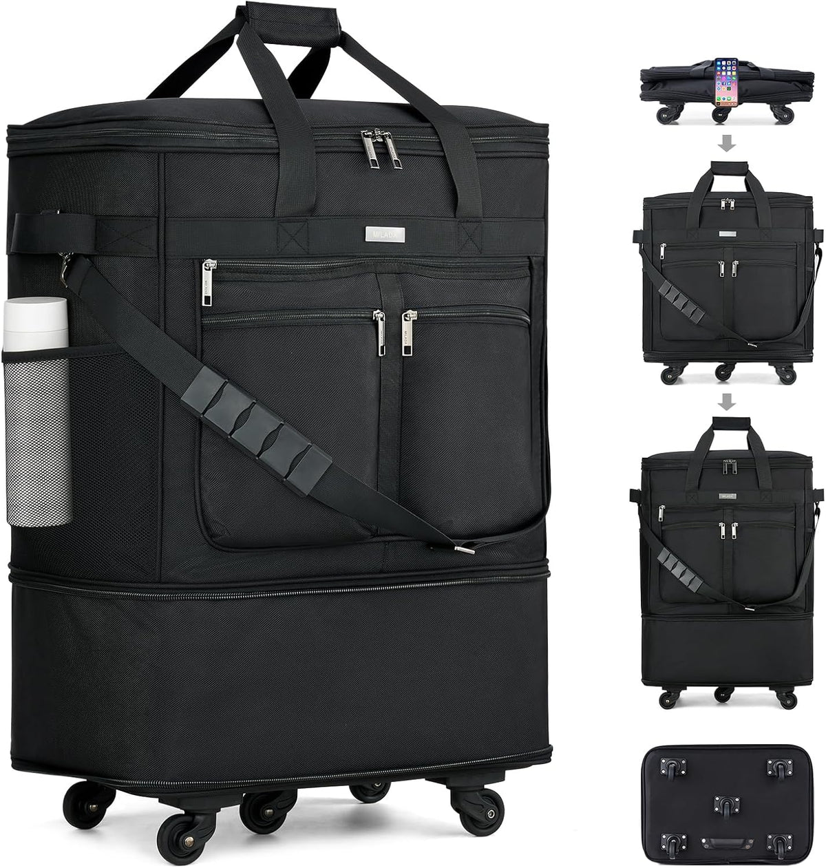 Expandable Luggage Bags for Travel Foldable Suitcase with Wheels Collapsible Rolling Travel Duffle Bag Lightweight Large Suitcases without Telescoping Handle, Blue