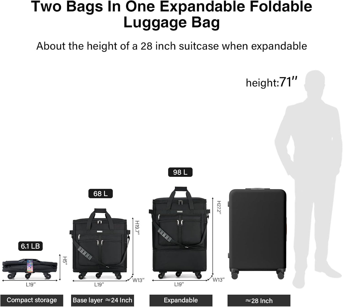 Expandable Luggage Bags for Travel Foldable Suitcase with Wheels Collapsible Rolling Travel Duffle Bag Lightweight Large Suitcases without Telescoping Handle, Blue
